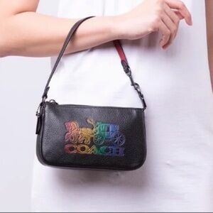 Coach Black Leather Wristlet with Rainbow Coach Carriage Logo